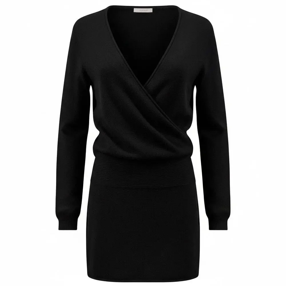Aqua Black 100% Cashmere Mini Sweater Dress Black Long Sleeve Luxury Old Money